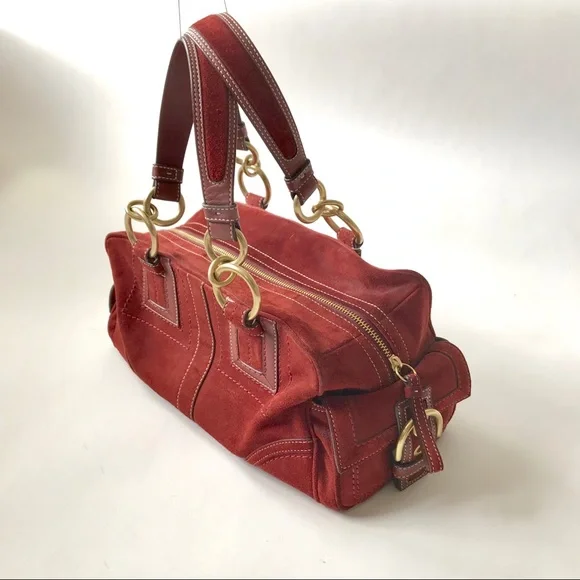 Vintage Coach Red/Burgundy Suede Hobo Bag with Gold Accents - Picture 2 of 7